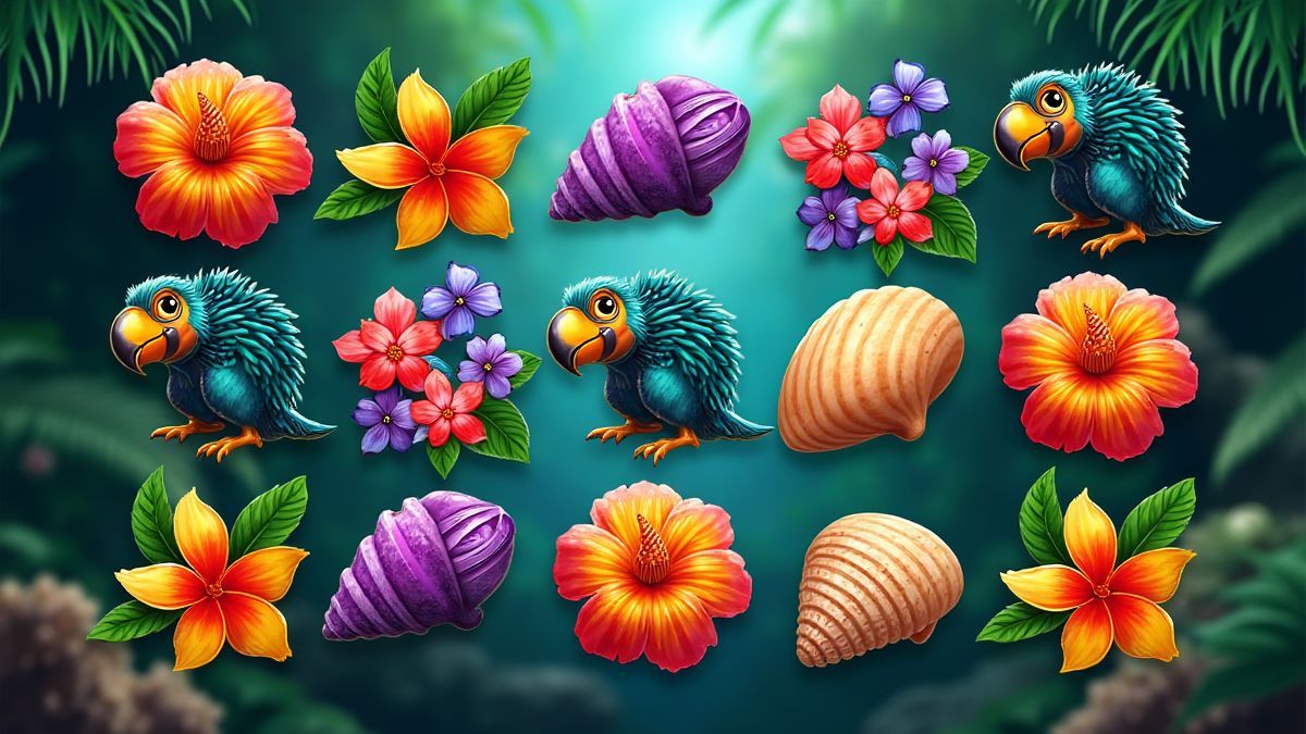 Símbolos coloridos como animais exóticos e flores tropicais.