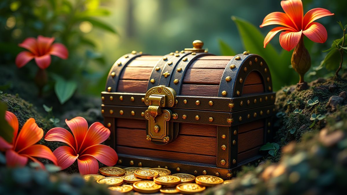 Um cofre do tesouro rodeado de flores tropicais e moedas douradas.