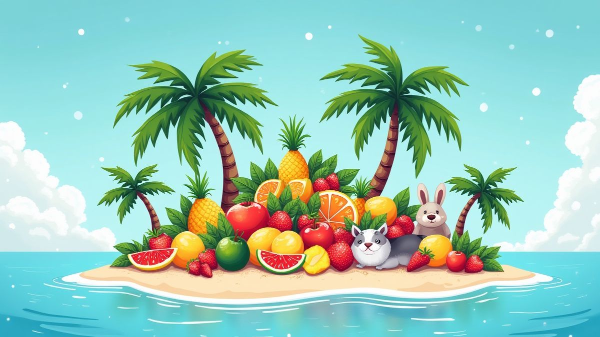Una isla tropical con frutas y animales en un escenario nevado.