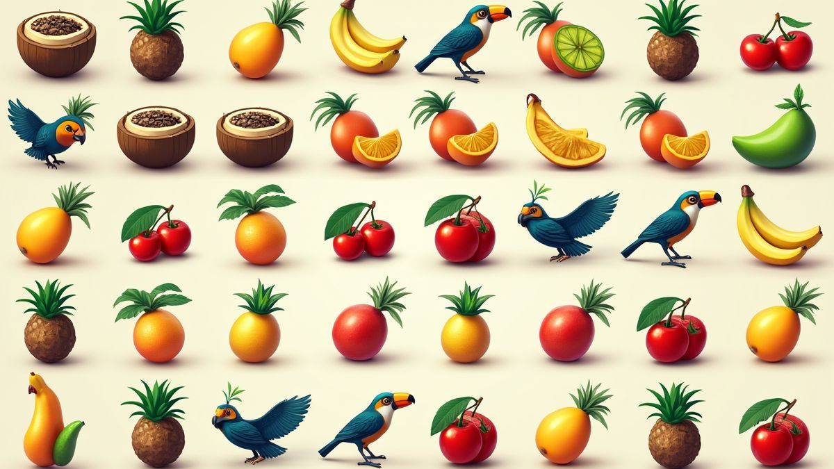 Símbolos tropicales con frutas y animales exóticos.