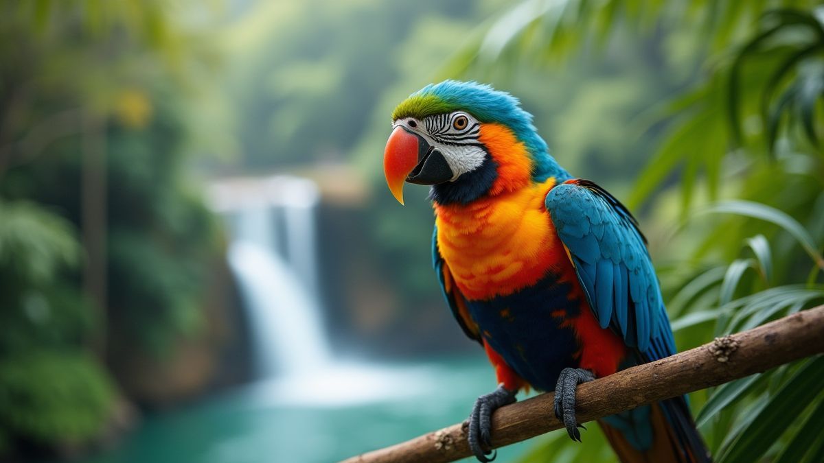Um ave tropical colorida sobre uma palmeira com uma cascata ao fundo.