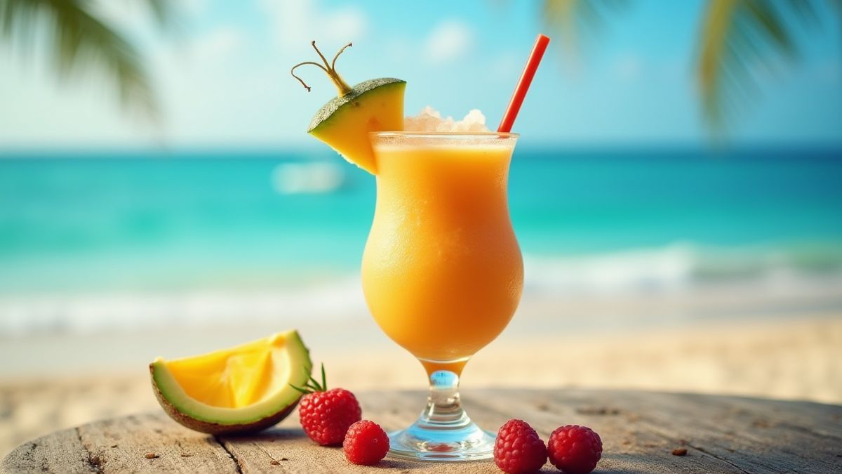 Um coquetel congelado com frutas tropicais servido em uma mesa de praia.