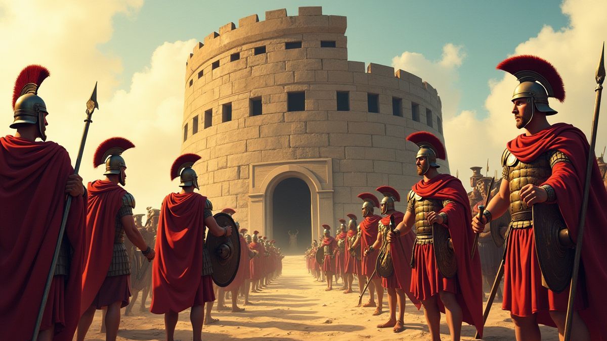 Guerreros griegos junto al caballo de Troya en una escena épica.