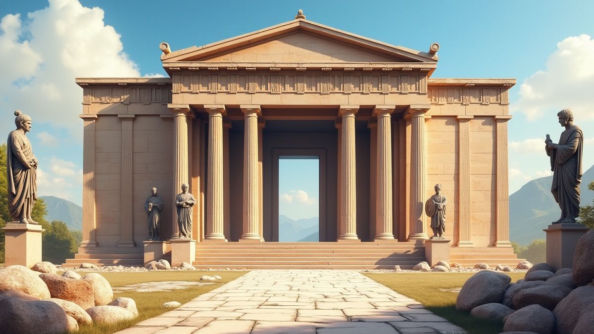 Templo griego antiguo rodeado de estatuas y guerreros.