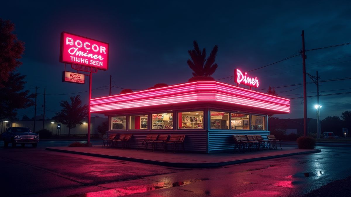 Un diner retro iluminado por luces de neón en la noche.