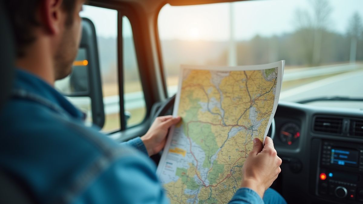 Un camionero revisando un mapa y planificando su ruta.