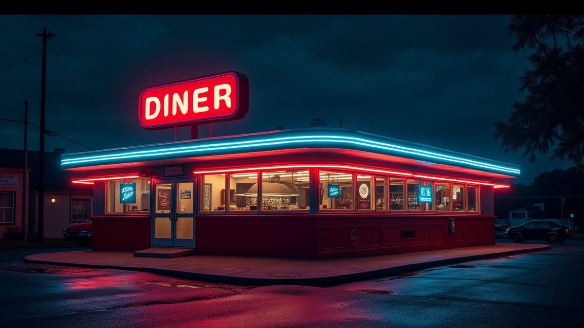 Una cafetería clásica iluminada con luces de neón por la noche.