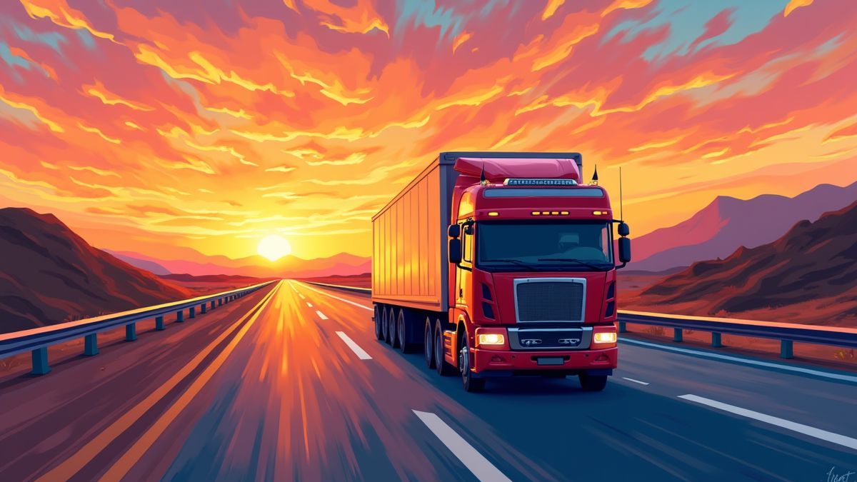 Un camión vibrante conduciendo por una carretera al atardecer.