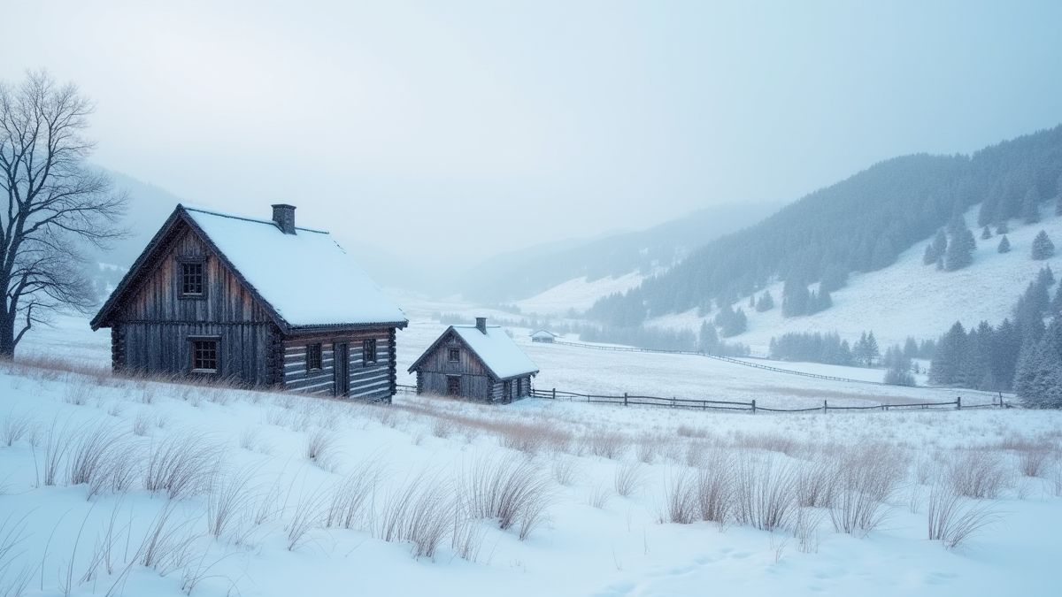 Paysage rural froid avec des collines enneigées et des cabanes en bois.