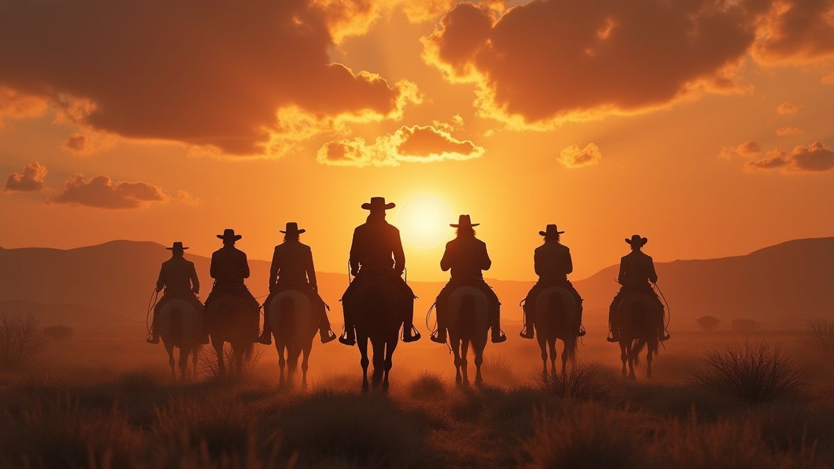 Scène au style d'un film western avec des hors-la-loi et un ciel dramatique.