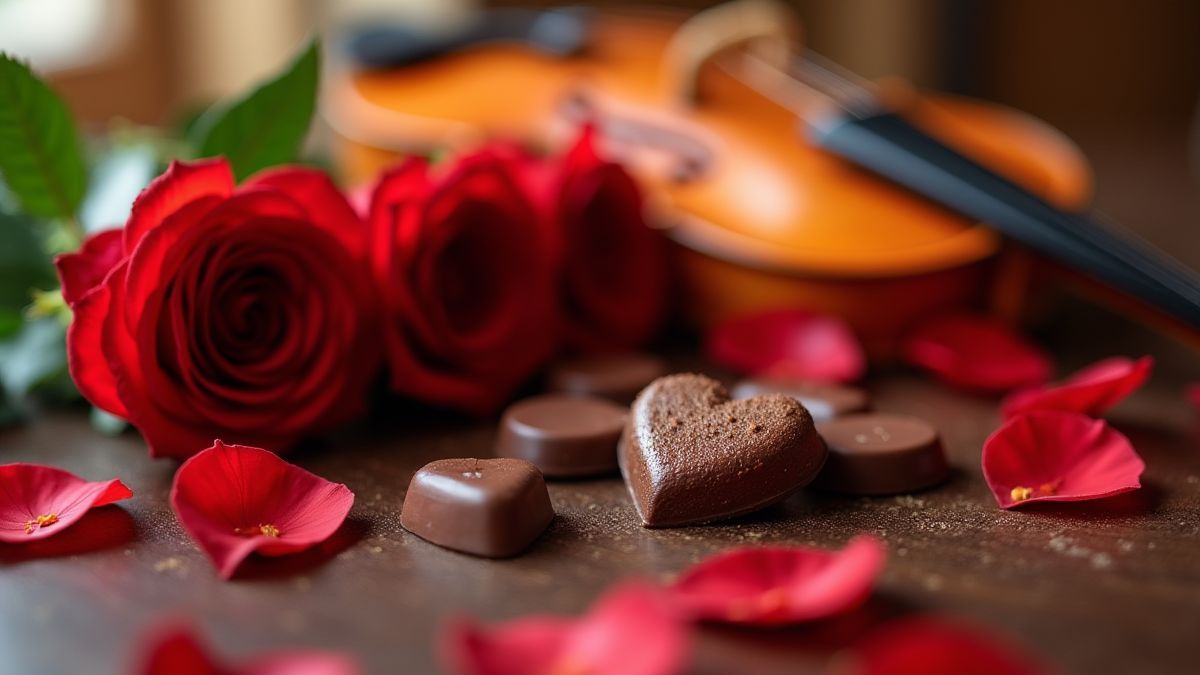 Rosas, chocolates y un violín en una mesa romántica.