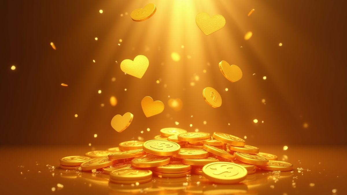 Monedas de oro y corazones cayendo como ganancias.