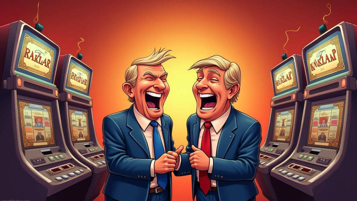 Líderes políticos caricaturizados jugando en un casino.