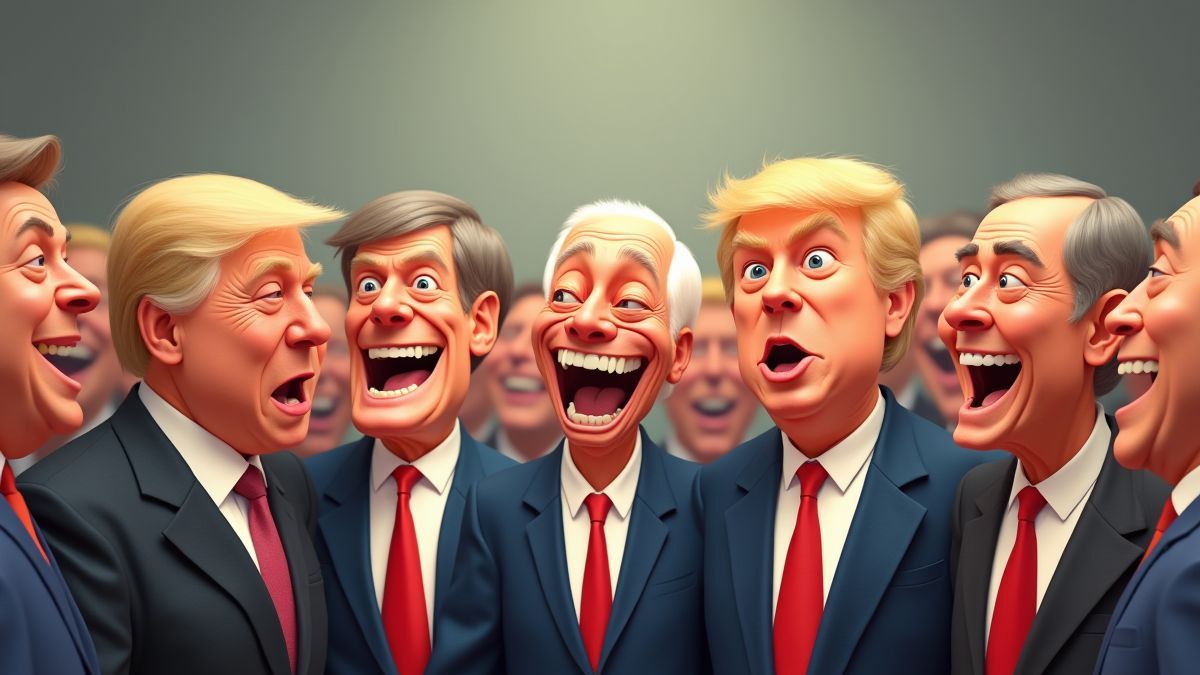 Líderes mundiais caricaturizados em uma cena cômica.