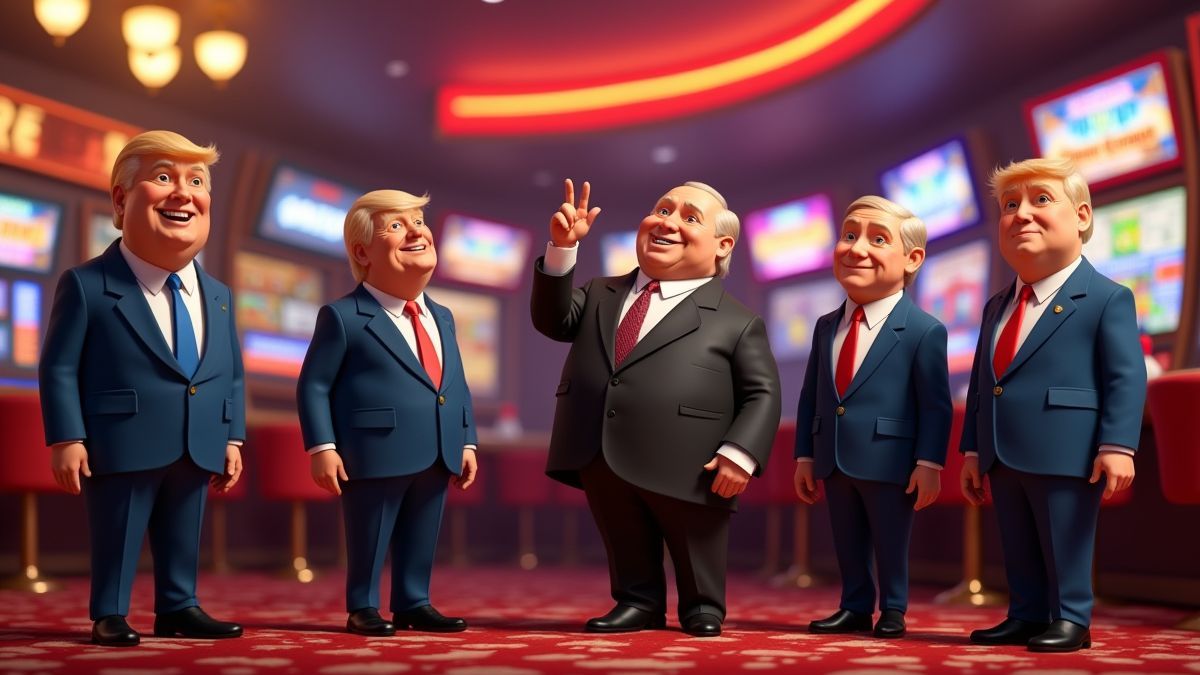 Líderes mundiales animados en un casino colorido.