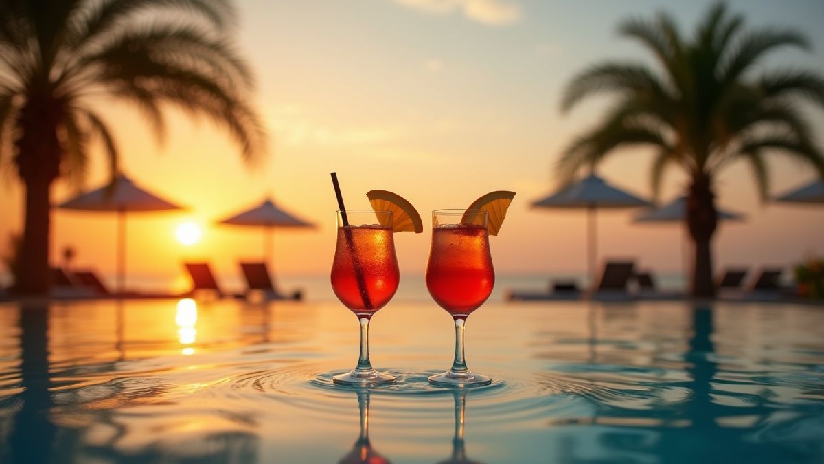 Imagen de una piscina lujosa con cócteles y palmeras al atardecer.
