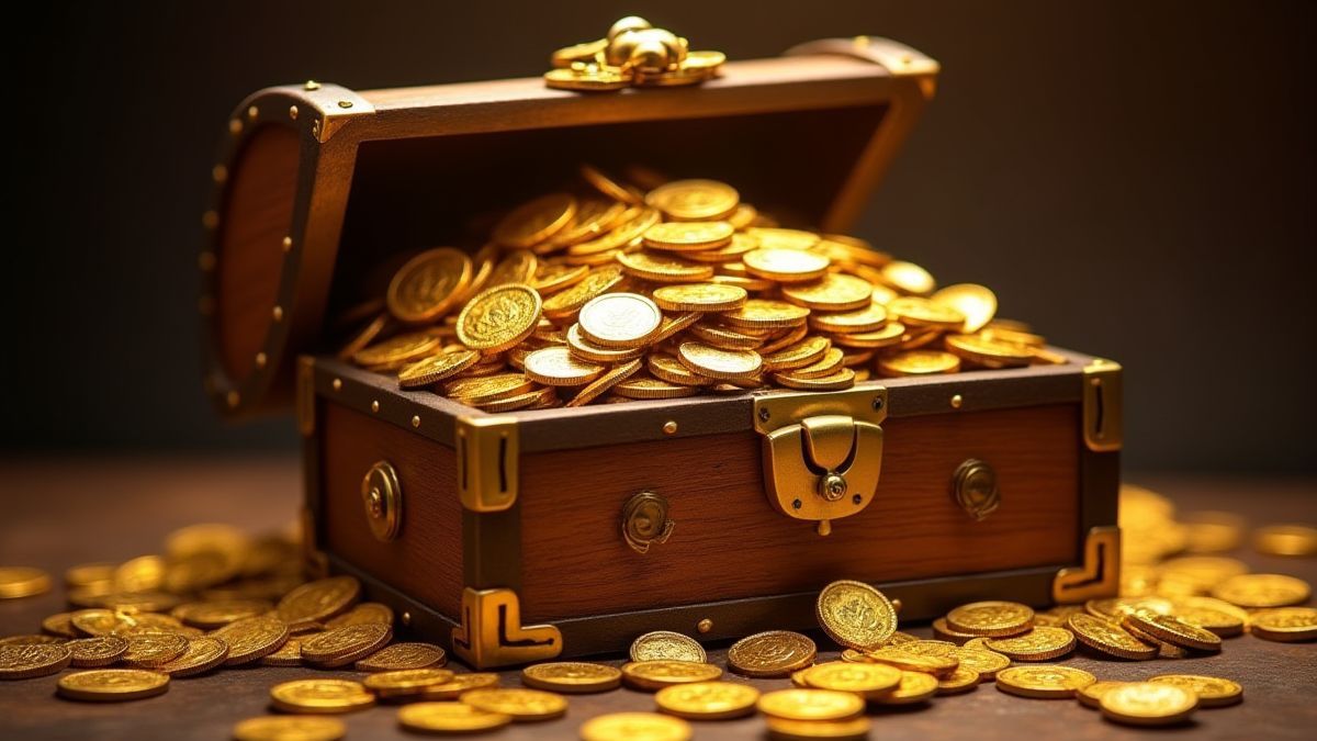 Imagen de un cofre del tesoro lleno de monedas de oro y diamantes.