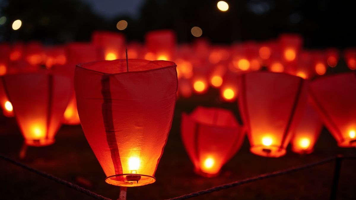 Farolillos chinos iluminados en la noche.