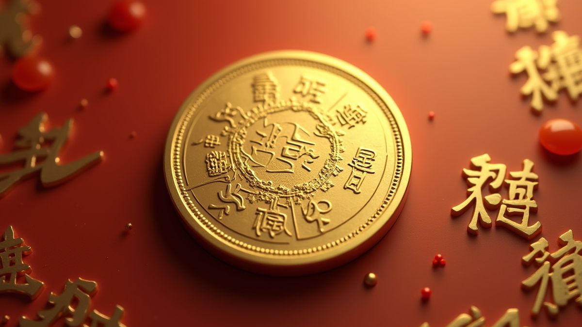 Moneda dorada con símbolos chinos grabados.