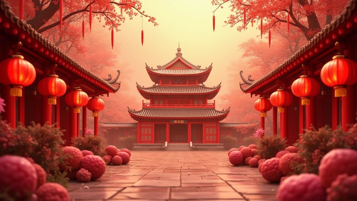 Templo chino rodeado de decoraciones rojas y doradas.