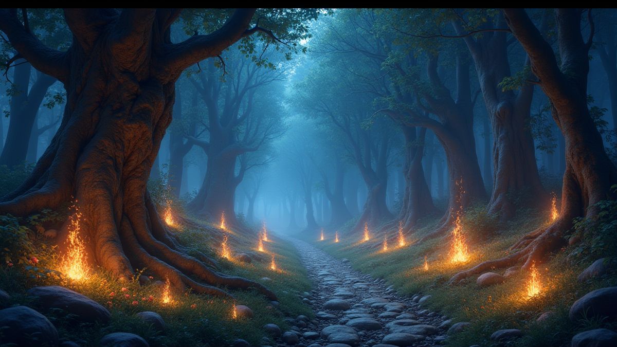 Un bosque encantado lleno de tesoros brillantes y criaturas mágicas.