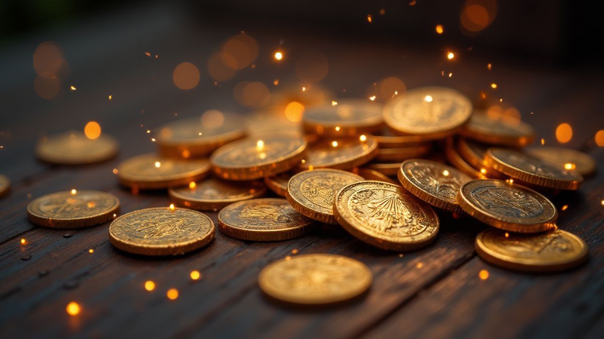 Monedas mágicas y tesoros resplandecientes en una mesa de madera.