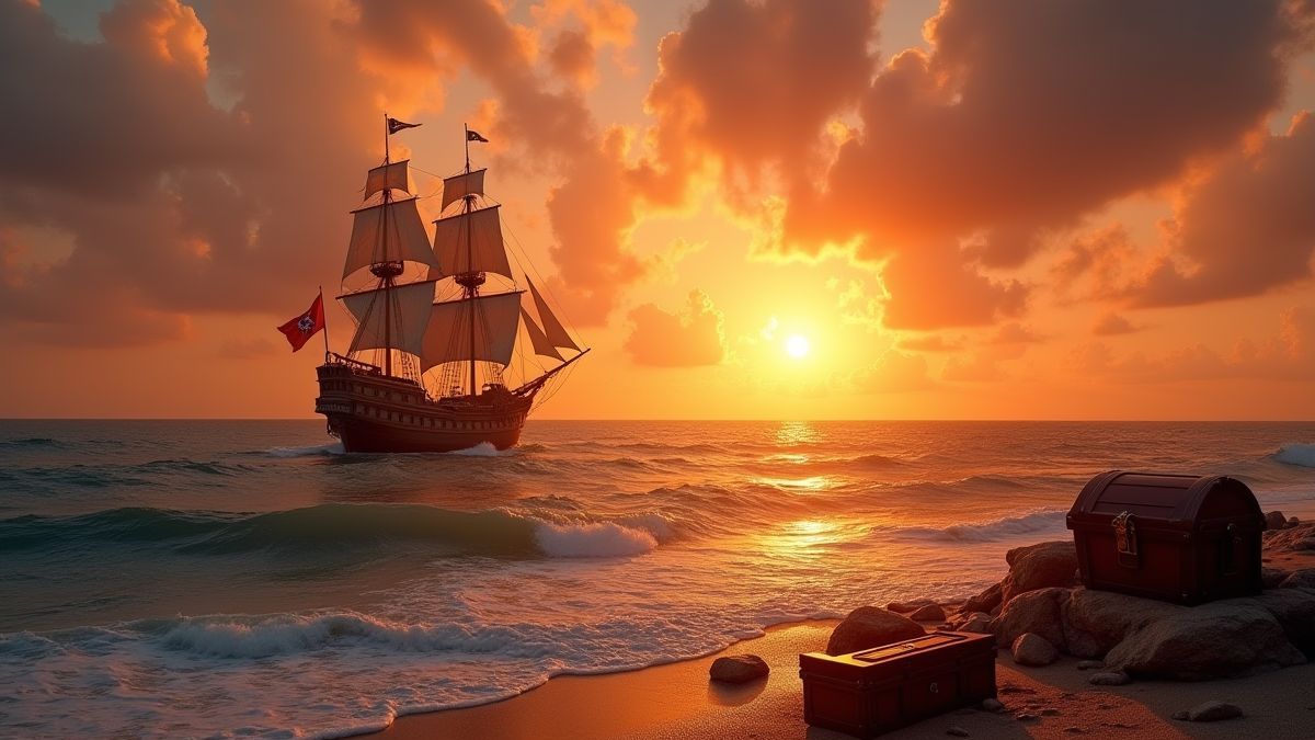 Um barco pirata navegando em um oceano ao pôr do sol com cofres na praia.
