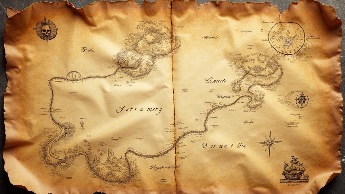 Um mapa do tesouro com rotas marcadas e símbolos piratas em um pergaminho envelhecido.