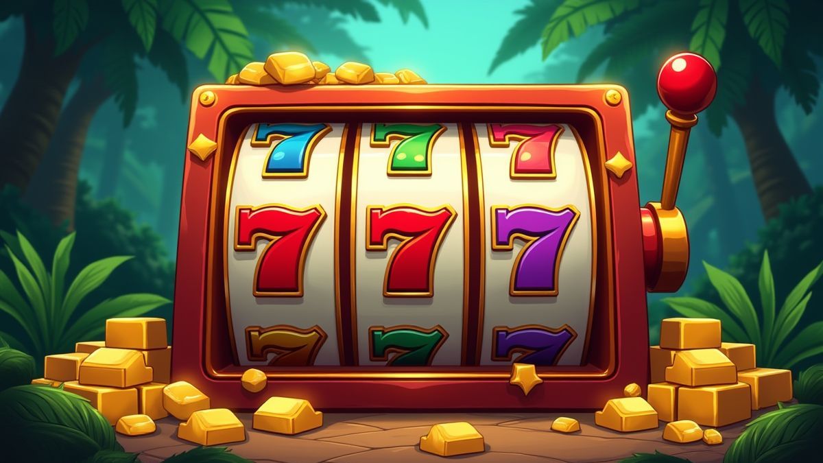 Eine klassische Spielautomaten mit leuchtenden Farben und goldenen Stangen.