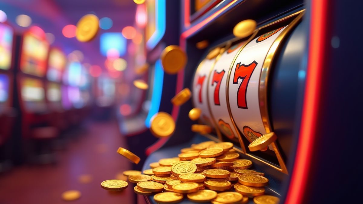 Münzen fallen in einen Spielautomaten in einer lebhaften Casino-Umgebung.