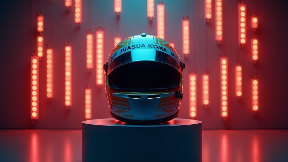 Casco de carreras sobre un podio iluminado.