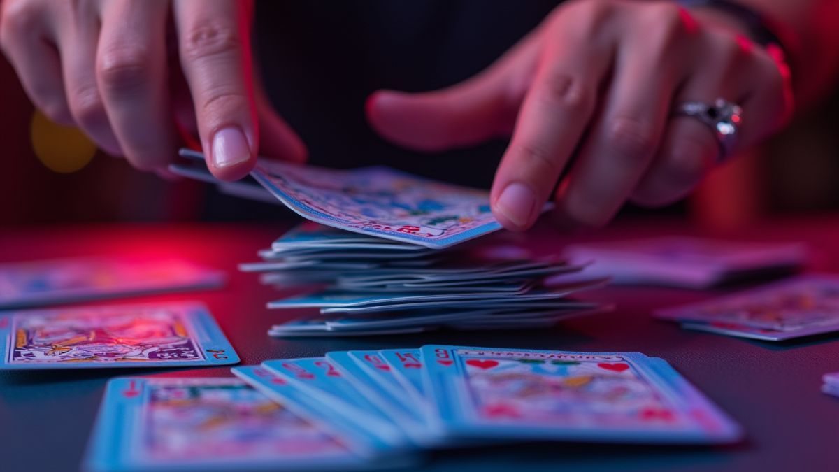 Een stapel kaarten die wordt geschud met neonlichten op de achtergrond.