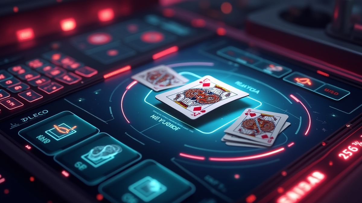 Futuristische casino-interface met kaarten en inzetopties.