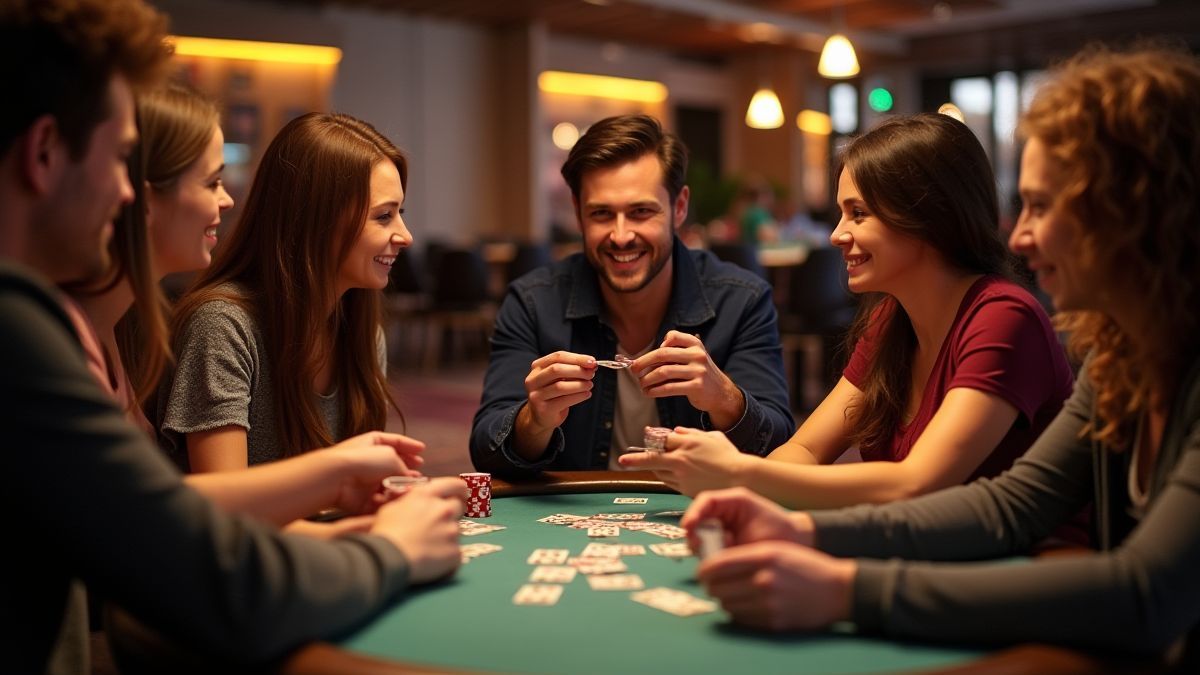 Een groep vrienden die kaarten speelt in een moderne casinoomgeving.