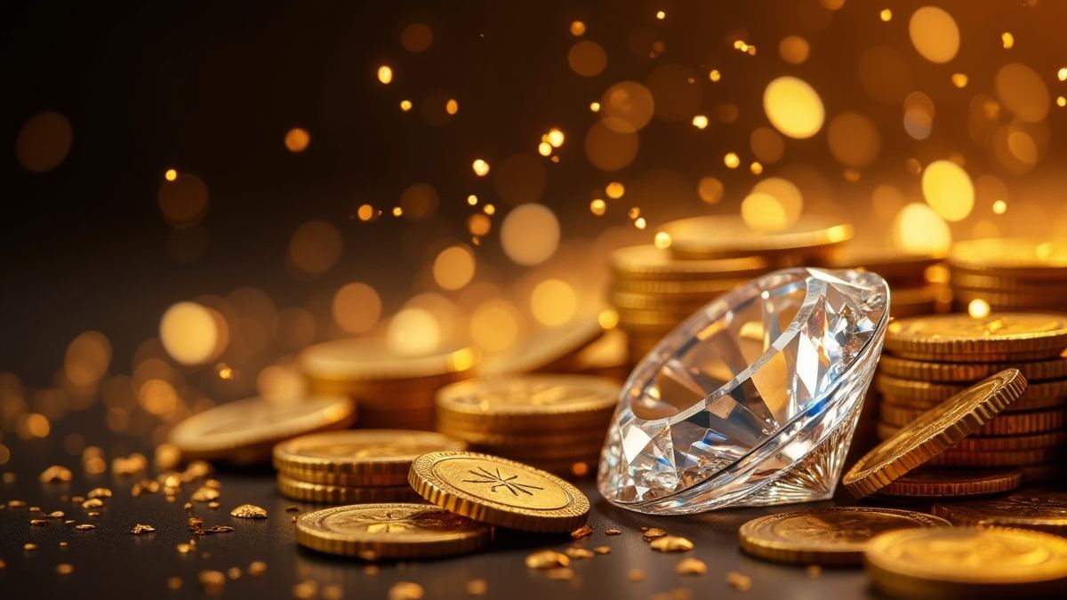Glänzende Diamanten und Goldmünzen vor einem Casino-Hintergrund.