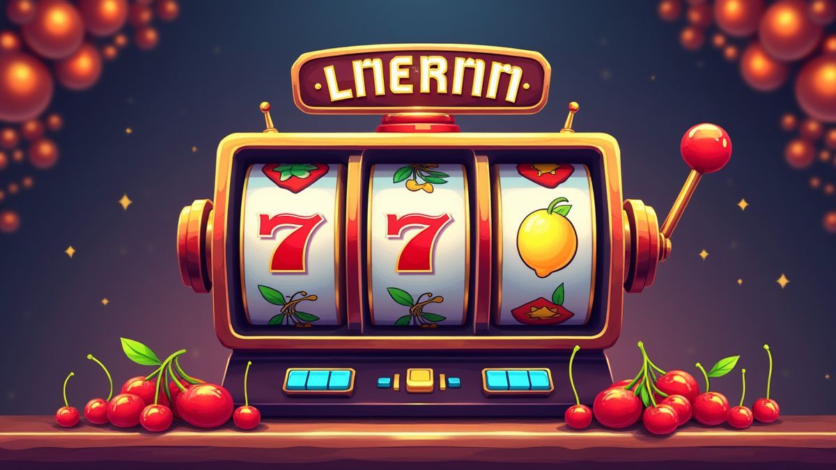 Retro-Spielautomat mit bunten Fruchtsymbolen.