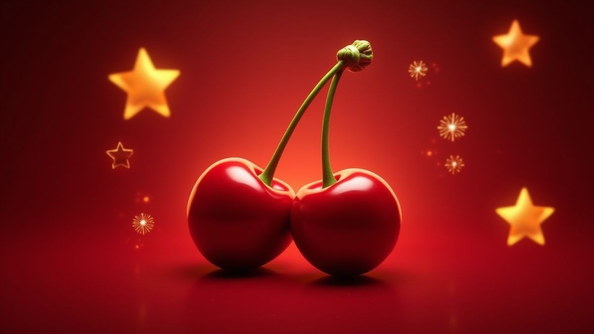 Cerejas brilhantes e estrelas douradas em design retrô.