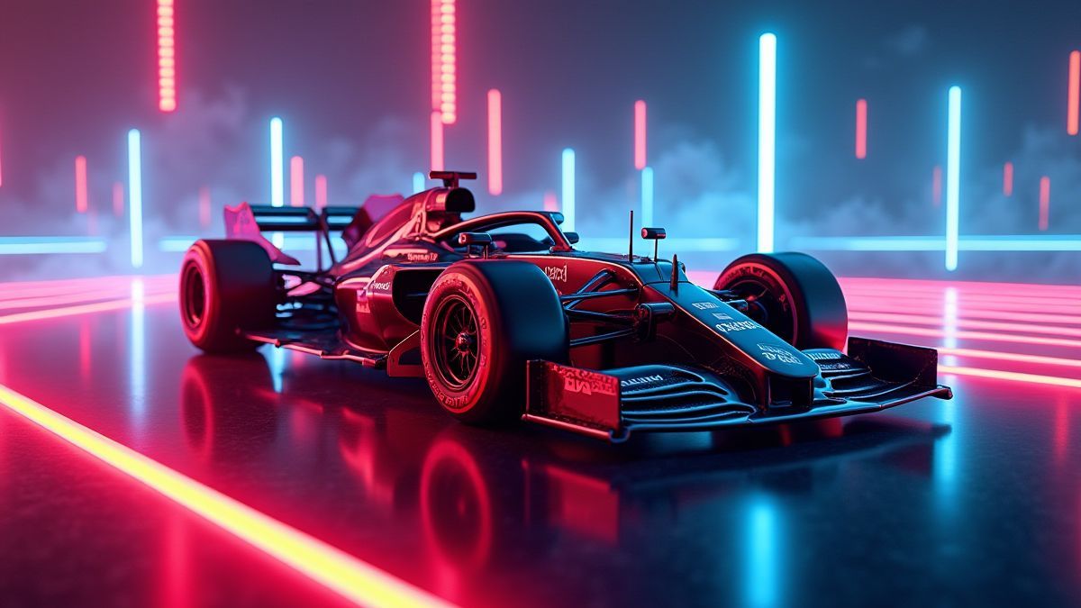 Um carro futurista rodeado de luzes de néon.