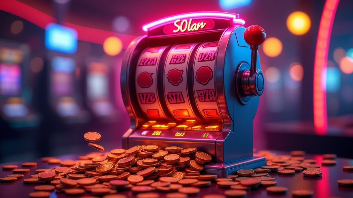 Moedas caindo de uma máquina caça-níqueis futurista em um cassino iluminado com néon.