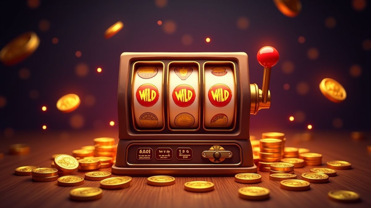 Máquina de tragaperras retro con símbolos Wild y monedas alrededor.