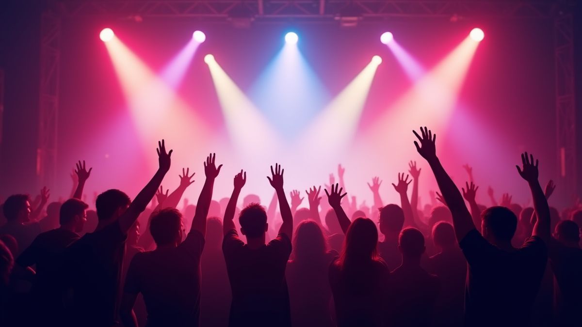 Animación de un concierto de rock con luces vibrantes y una multitud emocionada.