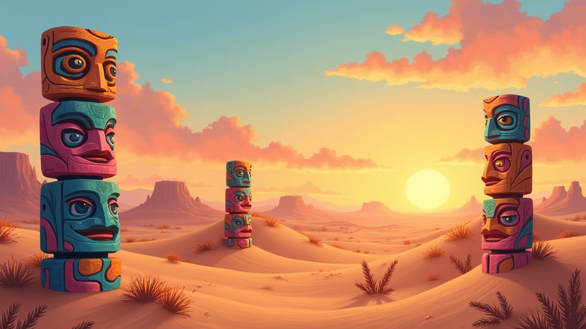 Desert landscape with colorful totems and a warm sunset.