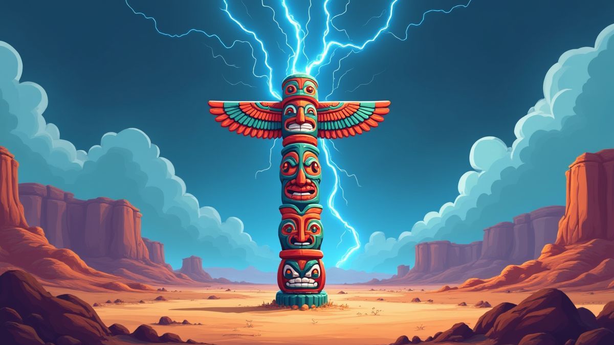 Electric storm hitting a vibrant totem in a desert landscape.