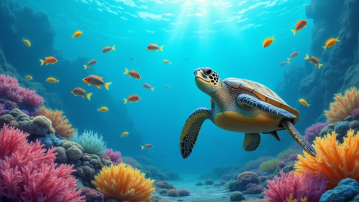 Um recife de coral cheio de peixes tropicais e uma tartaruga sorridente.