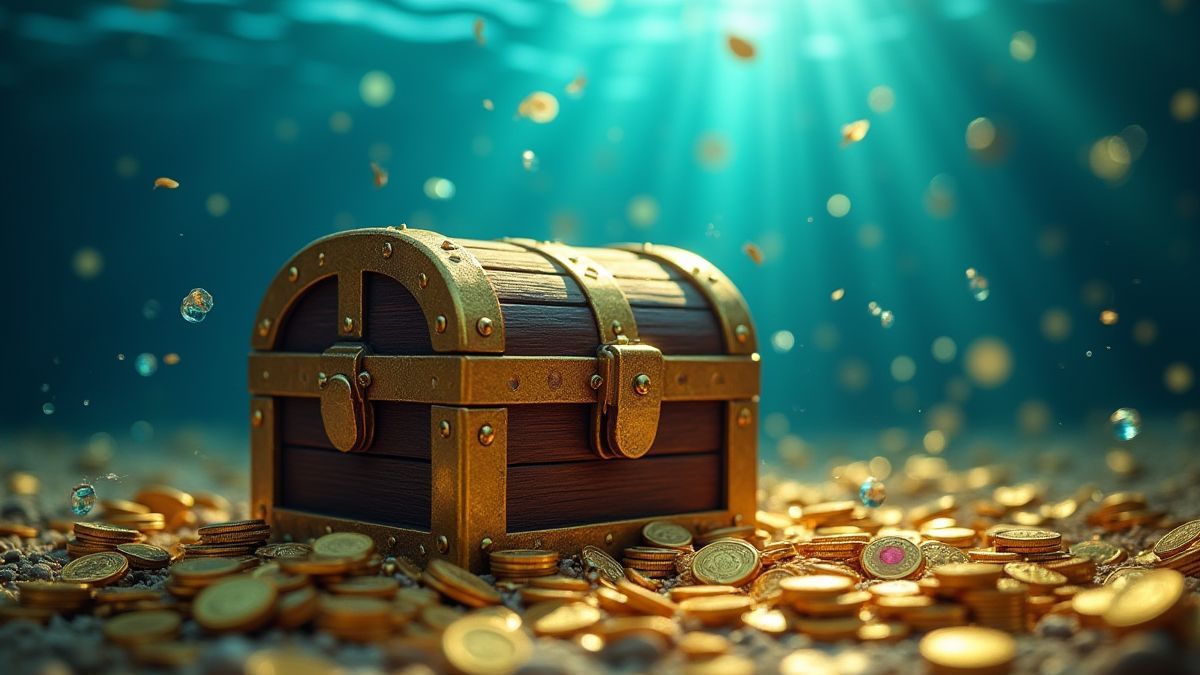 Um baú do tesouro subaquático cercado por moedas de ouro e gemas brilhantes.