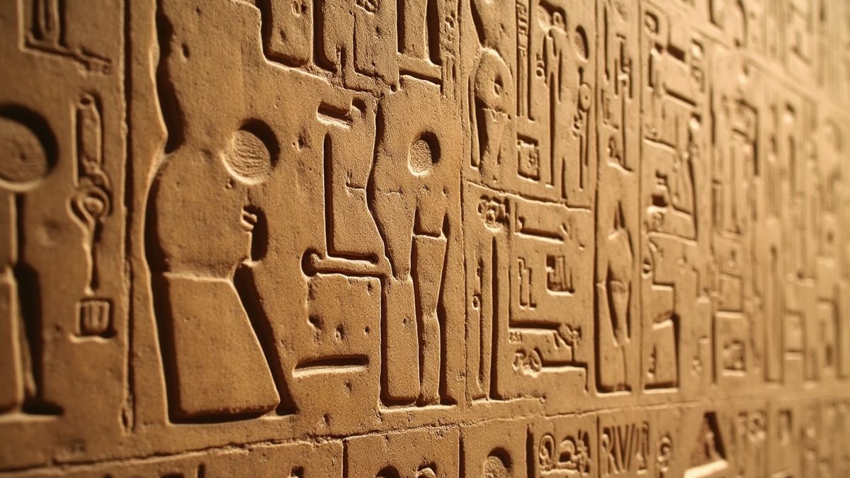 Ägyptische Hieroglyphen an einer alten Wand.