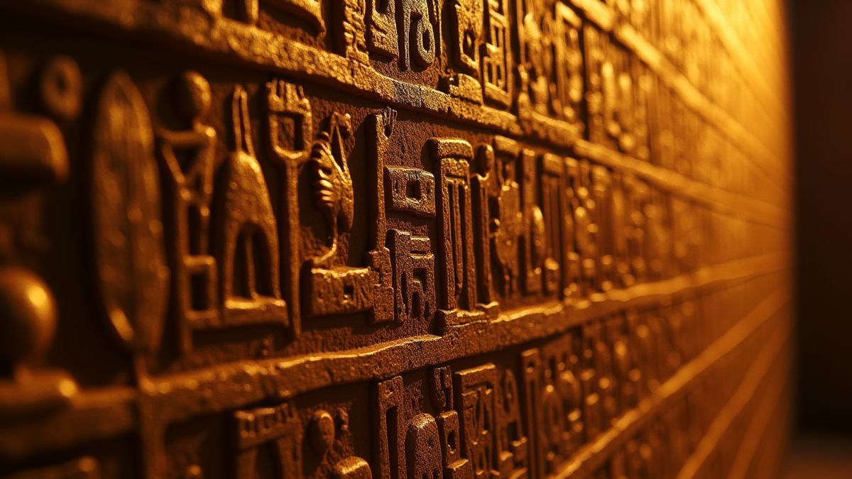 Golden hieroglyphs on a stone wall.