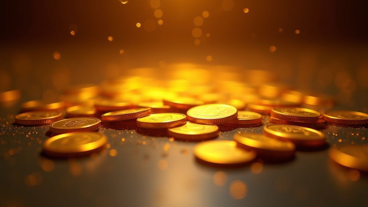 Golden coins shining on a table.