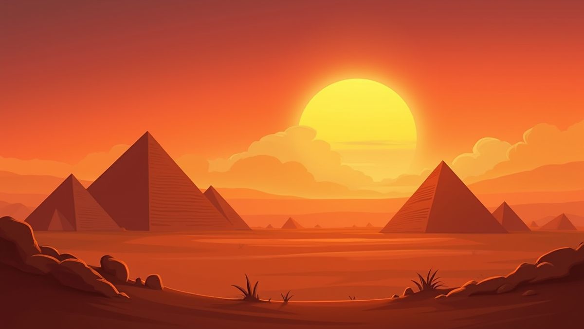 Animated desert scene with pyramids in the background.