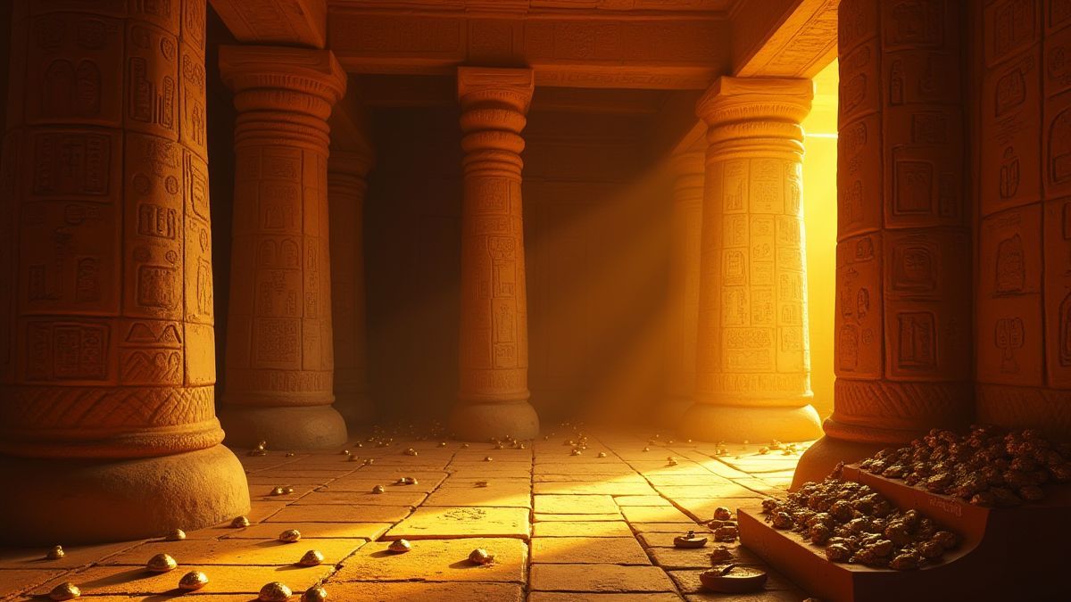 A cartoon drawing of an Egyptian tomb with hieroglyphics and golden treasures.